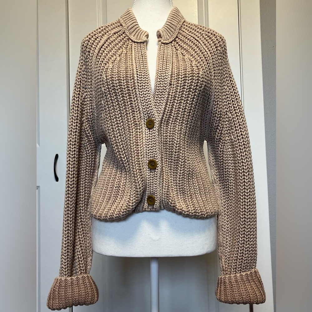 Free People Chunky Knit Crop Long Sleeve Sweater Med Cardigan Cotton ivory/brown